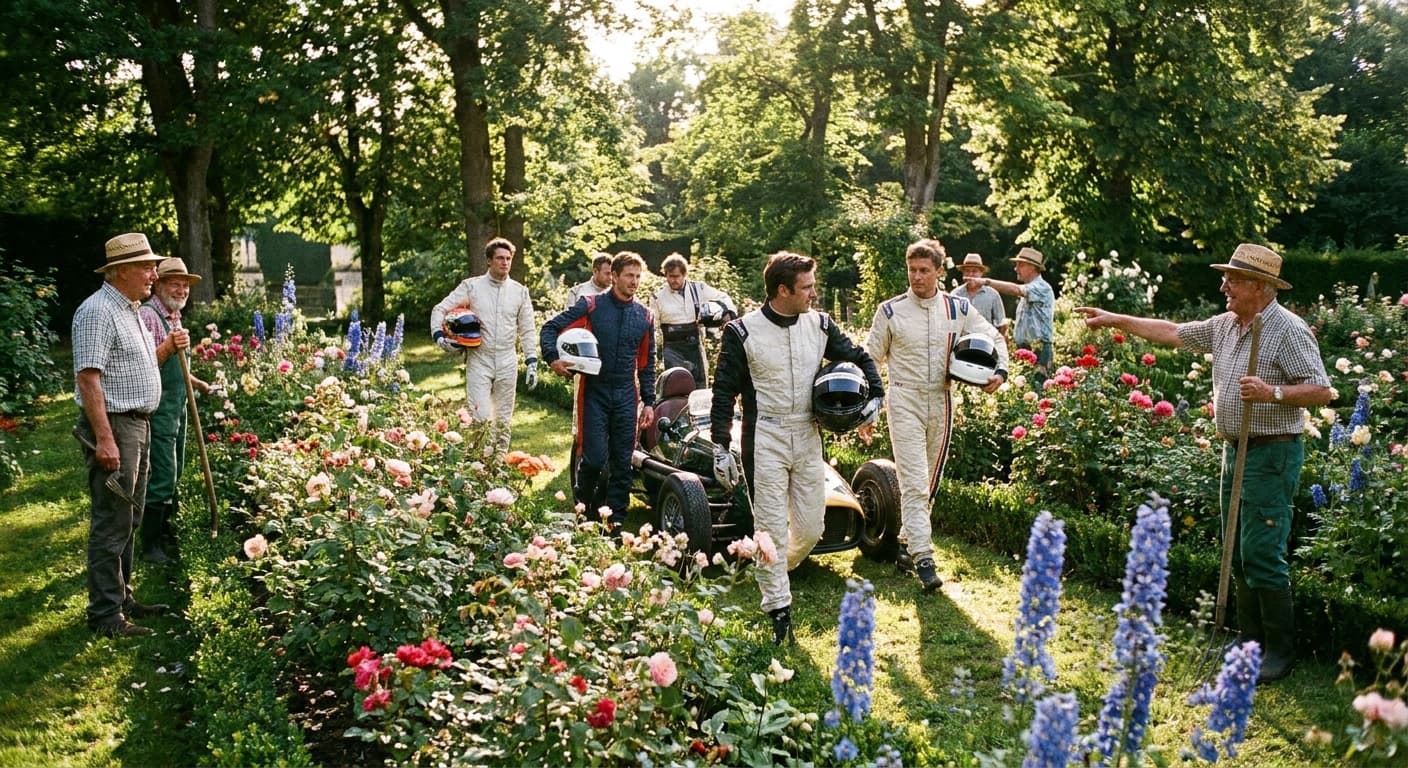 Imaginary Palace Invites Auto-Racers, Learns Pit Stops Improve Rose Garden Efficiency