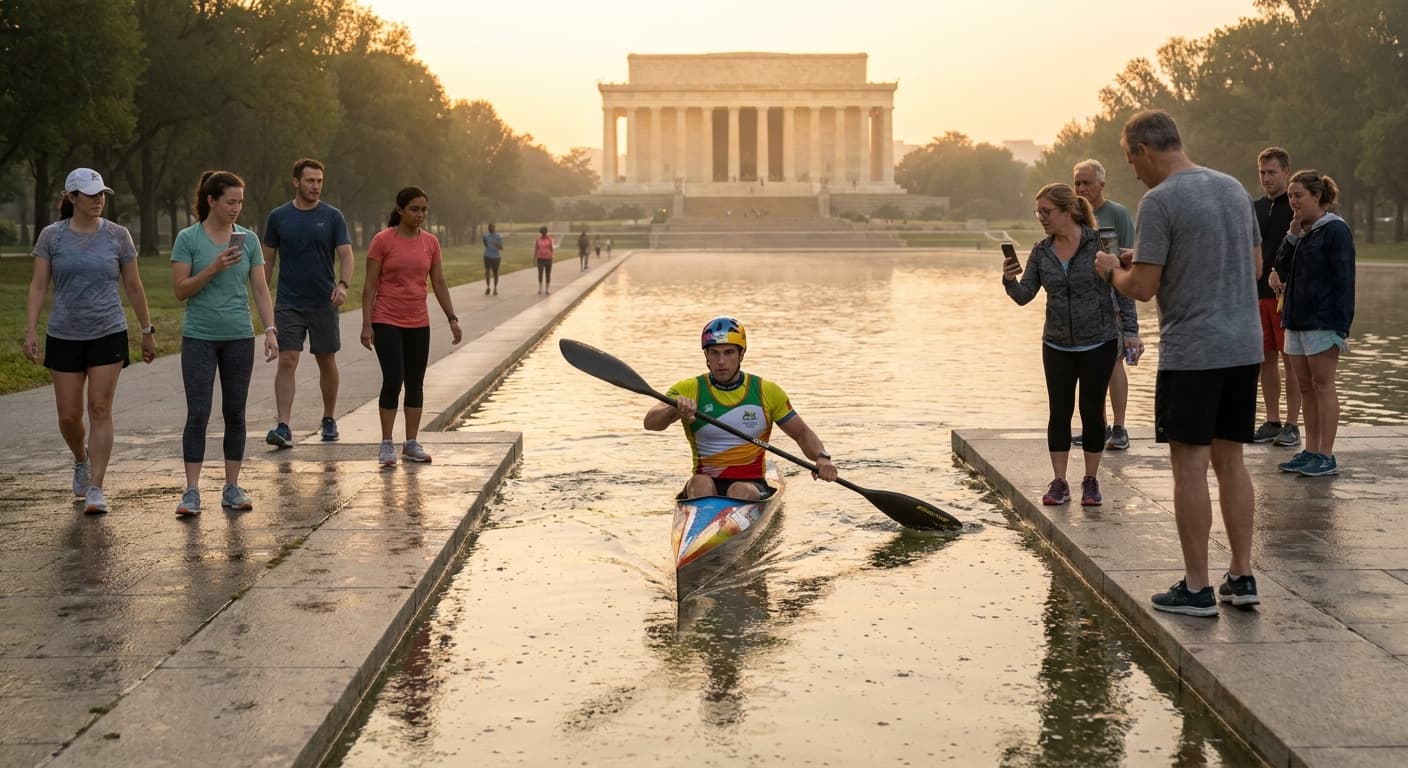 Olympic Canoeist Completes Heroic Journey Across Lincoln Memorial Reflecting Pool, Demands Medal