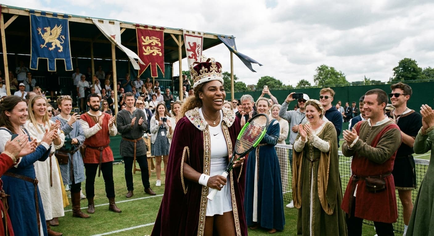 Serena of Tennislandia Proclaims Imperial Reign at Imaginary Wimbledon, Crowned Queen by Enthusiastic Spectators